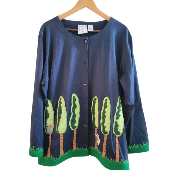 Michael Simon Lite Blue Cardigan Plus size 1X Forest Animals - Picture 6 of 9
